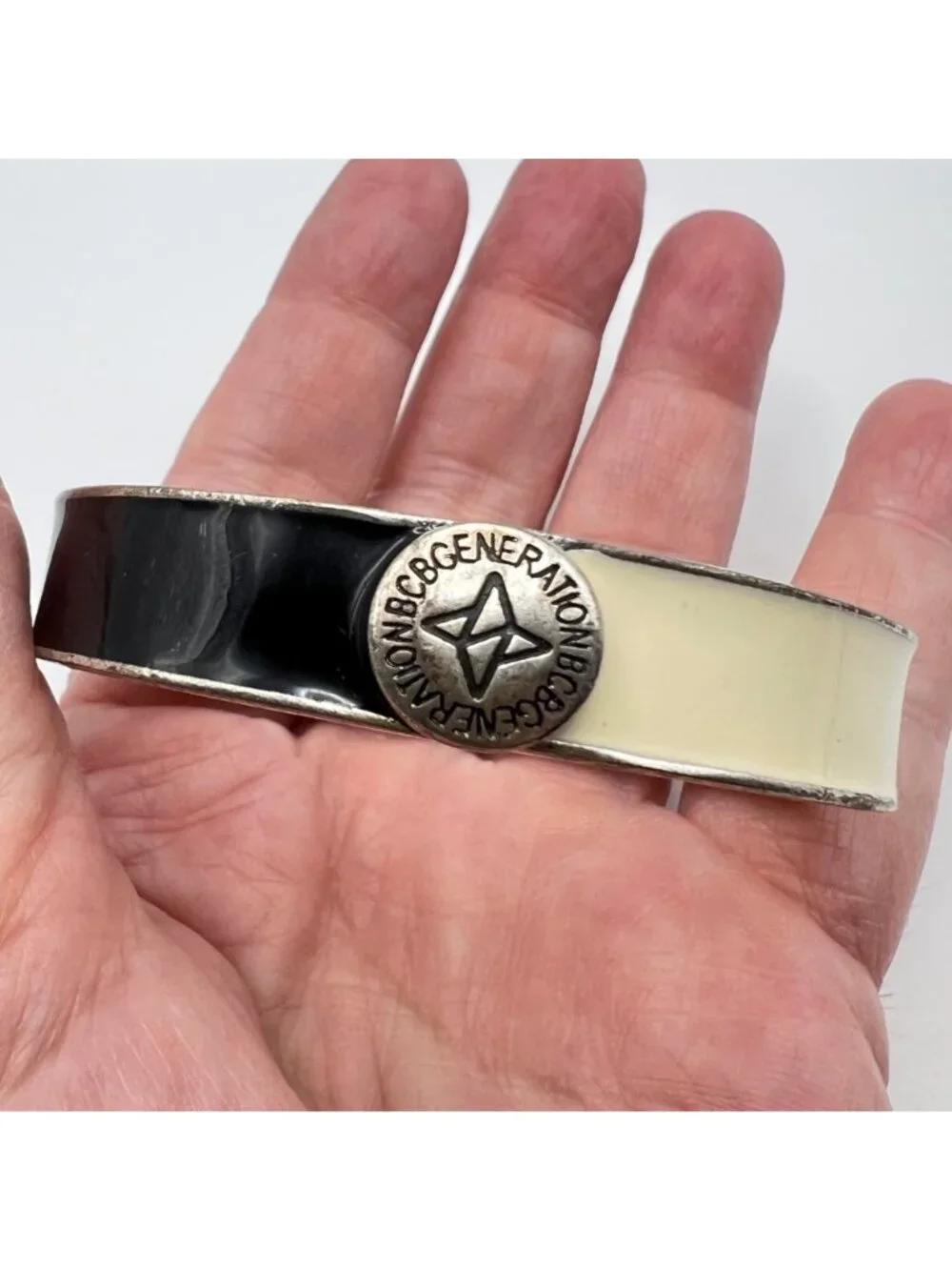 BCBGeneration Black Cream Enamel Hinged Bangle Bracelet 6.5